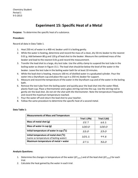 Experiment 15: Specific Heat of a Metal