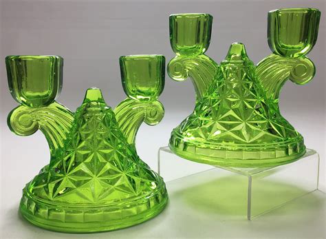 Pair of Vintage 1960's Indiana Glass Monticello Lime Green Candlestick Candle Holders Green ...