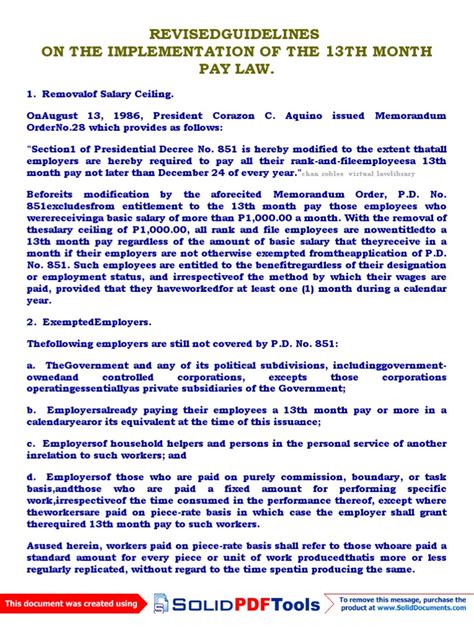 Revised Guidelines On The Implementation of The 13th Month Pay Law | PDF | Piece Work | Employment