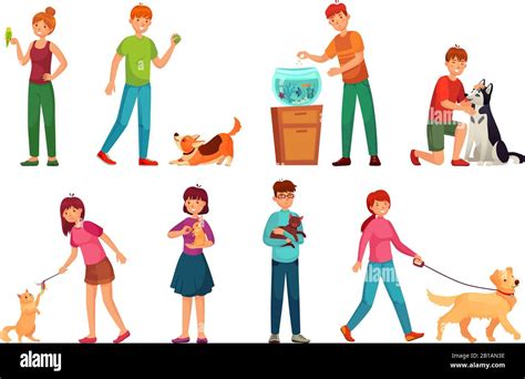 People with pets. Playing with dog, happy pet and dogs owners cartoon vector illustration set ...