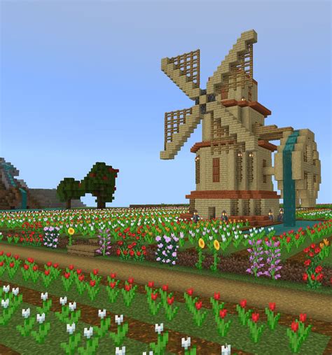 Minecraft Flower Field with Windmill + Waterwheel | Minecraft garden, Minecraft farm, Minecraft