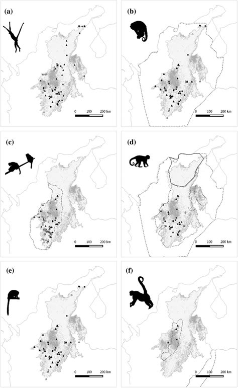 Map of geographical records for each of the six primate species. Black... | Download Scientific ...