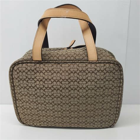 Coach Cosmetic Toiletry Bag Brown Jacquard Signature Small C Leather Trim - Women's Bags & Handbags