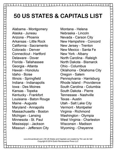 Usa States And Capitals List Printable