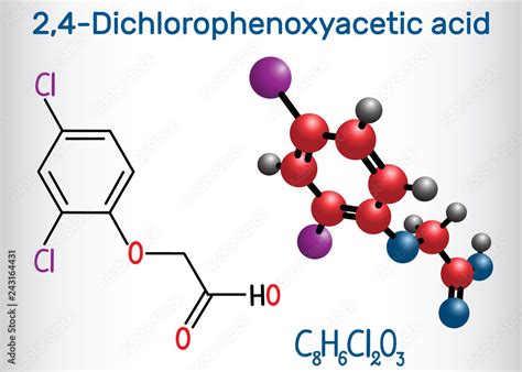 2,4-Dichlorophenoxyacetic acid (2,4-D) molecule. Structural chemical ...