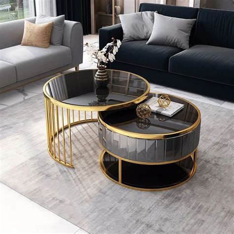 Modern Round Gold & Gray Nesting Coffee Table with Shelf Tempered Glass Top 2 Piece Set in 2021 ...