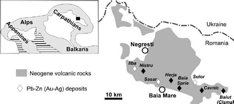 Schematic map of the Baia Mare region showing locations of major ore ...