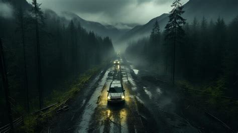 Premium AI Image | foggy dark road with cars driving through forest ...