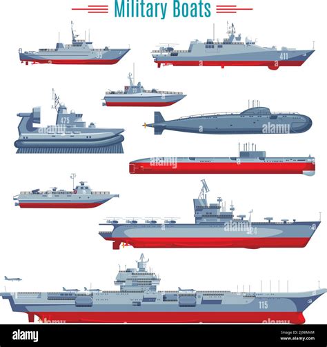 Military boats collection with different types of naval combat ships frigates and submarine ...