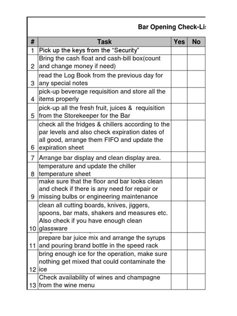 Bar Checklist | Drink | Food And Drink