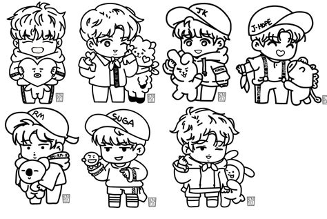 BTS 7 Member Cute Printable coloring pages ( Black and White ) | Chibi ...