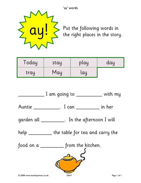 'ay' words worksheet | Phonics | KS1 English | Teachit