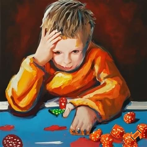 Knife palette painting of a boy playing poker at a table