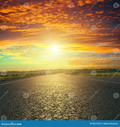 Red Sunset Over Asphalt Road Stock Image - Image of empty, freedom: 90275353