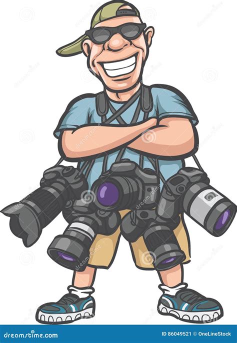 Funny Cartoon Character - Happy Photographer with Lots of Camera Stock Vector - Illustration of ...