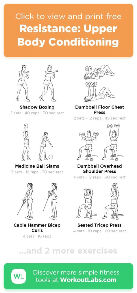 Resistance: Upper Body Conditioning – click to view and print this illustrated exercise plan ...