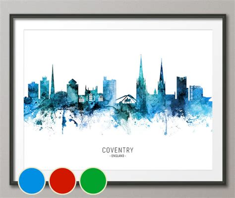 Coventry Skyline England Cityscape Art Poster Print Blue Red | Etsy