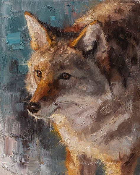 an oil painting of a fox on a blue and gray background, with the head turned to the left