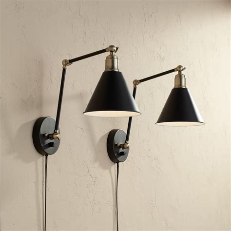 360 Lighting Modern Wall Lamp Plug-In Set of 2 Black and Antique Brass ...