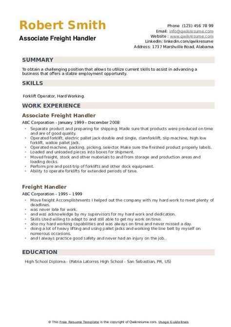 Freight Handler Resume Samples | QwikResume