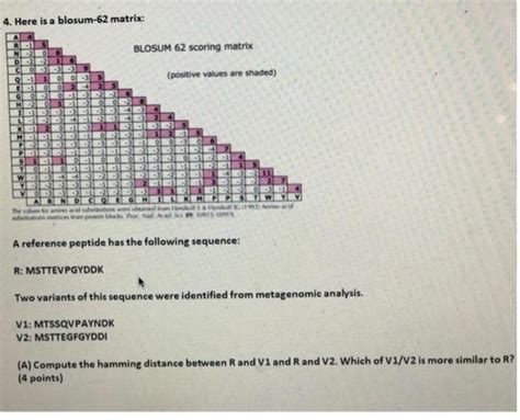 Solved 4. Here is a blosum-62 matrix: BLOSUM 62 scoring | Chegg.com