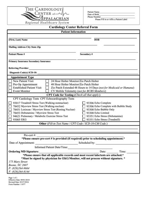 Patient Referral Form For The Cardiology Center printable pdf download