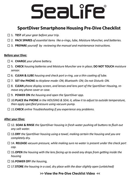 Checklist - SeaLife Cameras