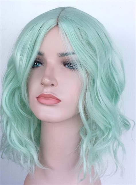 Light Green wavy wig. Pastel green shoulder length hair. High | Etsy