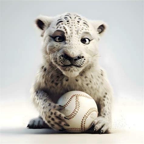 Cute white snow leopard with baseball ball on a gray background, Image 23184105 Stock Photo at ...