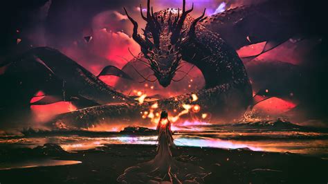 Download wallpaper 3840x2160 dragon, sea monster, woman, fantasy, art ...