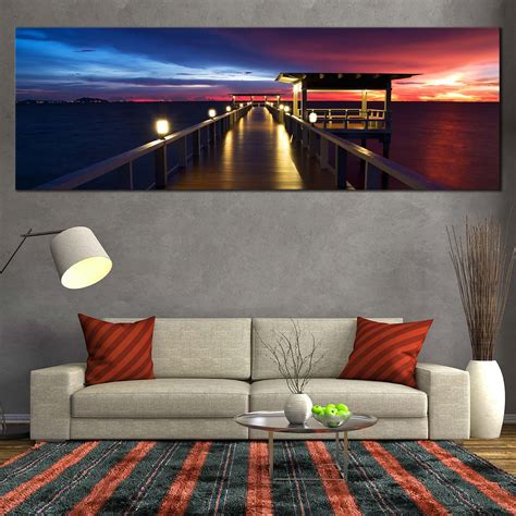 Dramatic Sky Canvas Print, Wooden Bridge Ocean Panoramic Canvas Wall A – Dwallart