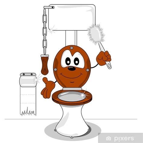 Poster A cartoon toilet holding a toilet brush and smiling - PIXERS.UK