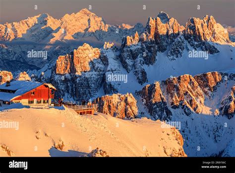 Rifugio Lagazuoi , in background Antelao, Croda da Lago, Belluno, South Tyrol, Dolomites, Italy ...