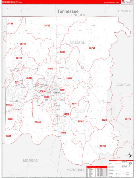 Madison County, AL Zip Code Wall Map Red Line Style by MarketMAPS ...