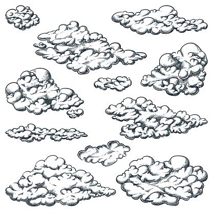 Fluffy Clouds Set Hand Drawn Sketch Vector Illustration Sky Design Elements Isolated On White ...