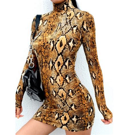 Sexy Snake Skin Printed Bodycon Dress Women Stretch Long Sleeve Shirt ...