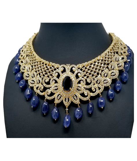 Evogirl Choker Necklace Gold Diamond With Blue Stone Drop Designer Bridal with Earrings For ...