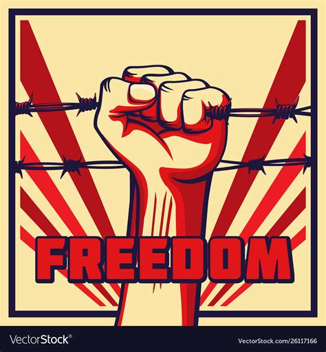 Vintage freedom poster raised fist and barbed wire