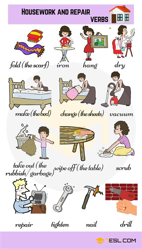 Housework and Repair Verbs | Household Chores Vocabulary English Verbs ...