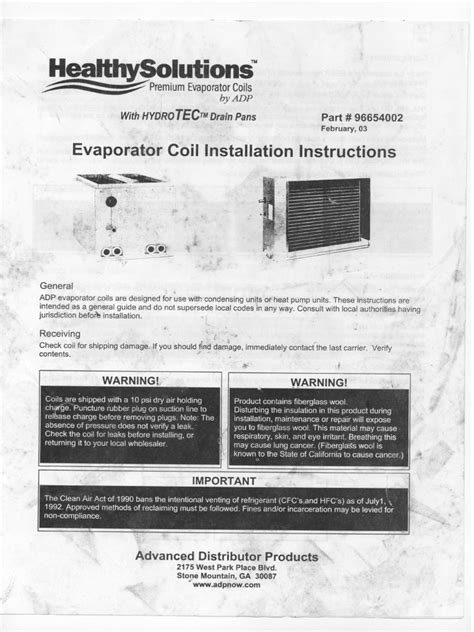 Evaporator Coil Installation Instructions 96654002 ADP | PDF ...