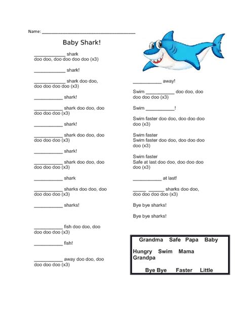 Song Worksheet: Baby Shark (Super Simple Songs)