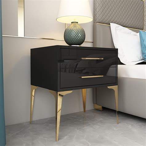 Modern Black Nightstand Glossy 2-Drawer Bedside Cabinet High Legs ...