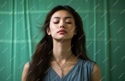 Premium AI Image | Young asian woman eyes closed on green backdrop religion concept