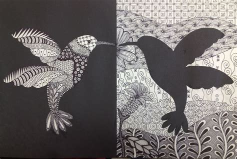 two black and white drawings of birds in flight with patterns on the wall behind them