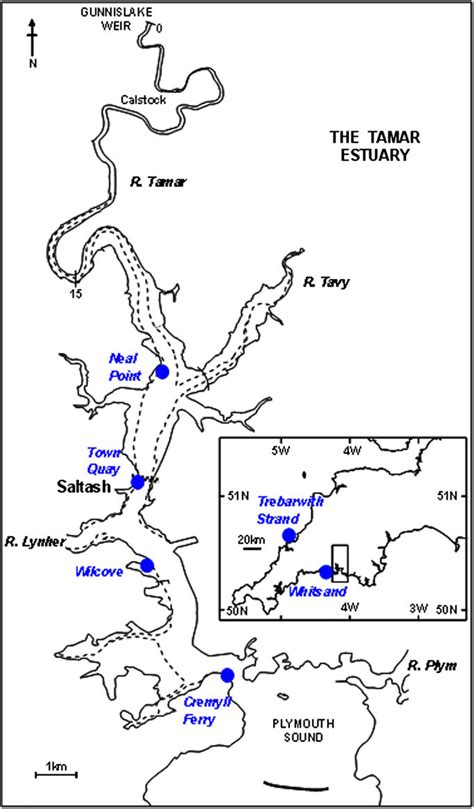 Map displaying the sampling locations within the Tamar Estuary and ...