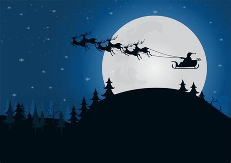 silhouette santa claus with reindeer sleigh above the hill with moon light in forest winter ...