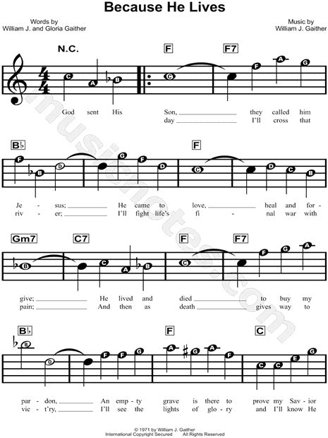 Bill & Gloria Gaither "Because He Lives" Sheet Music for Beginners in C Major - Download & Print ...