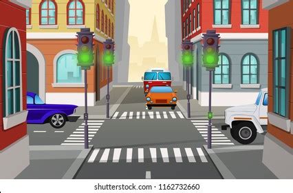 Vector Cartoon Illustration City Crossroad Traffic: Stock-Vektorgrafik ...