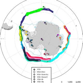 Ice core locations (A-Q; see Table 1), marked with colored symbols, and ...