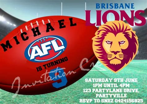 DIY PRINT CUSTOM AFL BRISBANE LIONS FOOTBALL FIELD Birthday Party Invitations $6.52 - PicClick